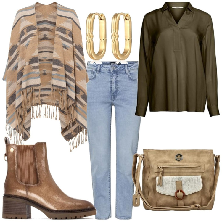 Outfit femme - Septembre touche bohème. Style Boho pour Tous les jours. Assortir avec manteaux, tuniques, boots, sacs en bandoulière, boucles d'oreilles, jeans.
