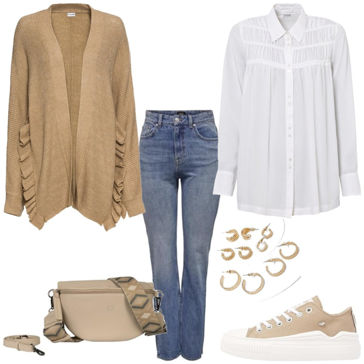 Outfit femme - Mi saison. Style Urban pour Tous les jours. Assortir avec gilets, tuniques, sneakers, jean coupe droite, sacs banane, boucles d'oreilles.