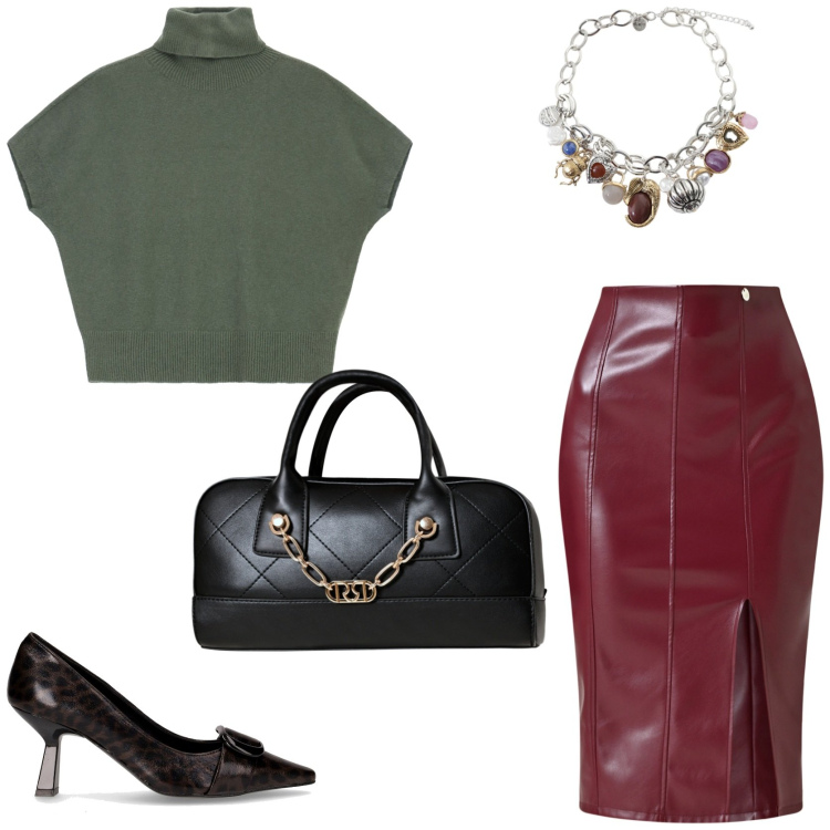 Outfit donna - Professionale in ufficio. Stile Glamour per Ufficio. Abbinamento con gonne longuette, borse a mano, maglieria, braccialetti con ciondoli, décolleté.