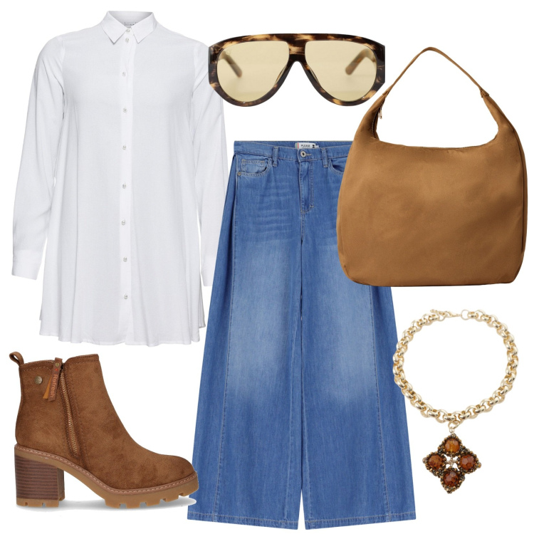 Outfit donna - Un classico: camicia bianca e jeans. Stile Casual per Tutti i giorni. Abbinamento con camicie, borse a mano, jeans, occhiali da sole, collane, stivaletti.