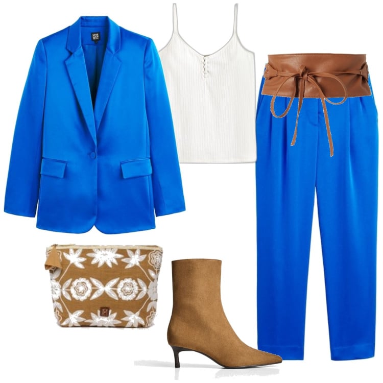 Outfit mujer - Casual chic #15336. Estilo Casual chic para Noche/Fiesta elegante. Combinación con blazers, pantalones, bolsos de mano, botines, camisetas sin mangas, cinturones.