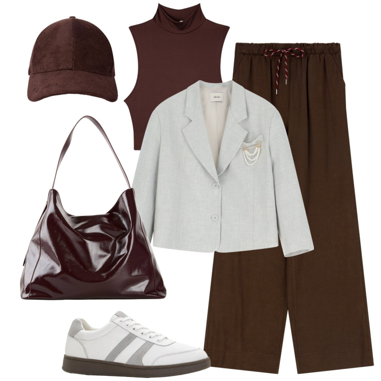 Outfit donna - Pinterest inspiration x Bantoa. Stile Glamour per Tutti i giorni. Abbinamento con sneakers, shopping bag, top, cappelli con visiera, blazer, pantaloni.