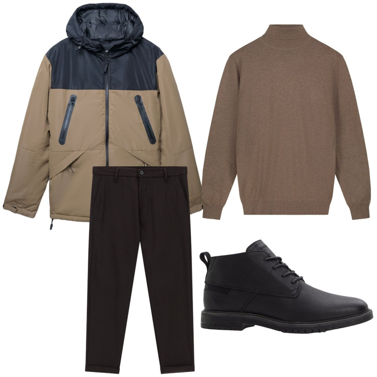 Outfit uomo - Tendenza autunnale. Stile Trendy per Ufficio. Abbinamento con stivali e stivaletti, bomber, pantaloni, maglieria.