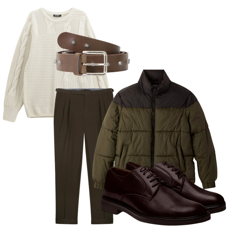 Outfit uomo - Verso l\'autunno. Stile Trendy per Ufficio. Abbinamento con bomber, cinture, maglieria, scarpe stringate, pantaloni.