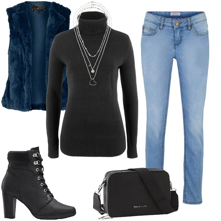 Outfit donna - Total look #2247312. Stile Casual per Scuola/Università. Abbinamento con gilet, stivaletti, jeans skinny, maglieria, collane, borse a tracolla.