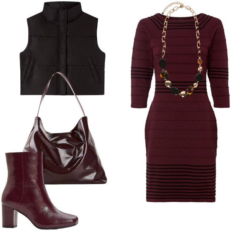 Outfit donna - Total look #2247313. Stile Casual chic per Ufficio. Abbinamento con vestiti, stivaletti, shopping bag, piumini, collane.