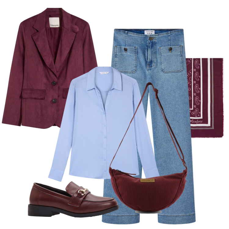 Outfit donna - Il blazer scamosciato. Stile Trendy per Tutti i giorni. Abbinamento con mocassini, blazer, jeans, camicie, borse a tracolla, foulard.
