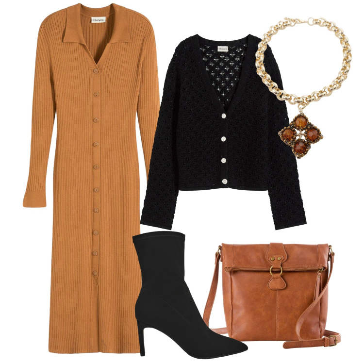 Outfit donna - L’abito in maglia al lavoro. Stile Glamour per Ufficio. Abbinamento con cardigans, borse a tracolla, vestiti, stivali, collane.