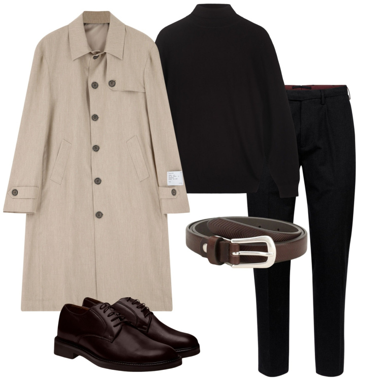 Outfit uomo - Settembre sotto la pioggia. Stile Urban per Ufficio. Abbinamento con trench, cinture, scarpe stringate, pantaloni, maglieria.