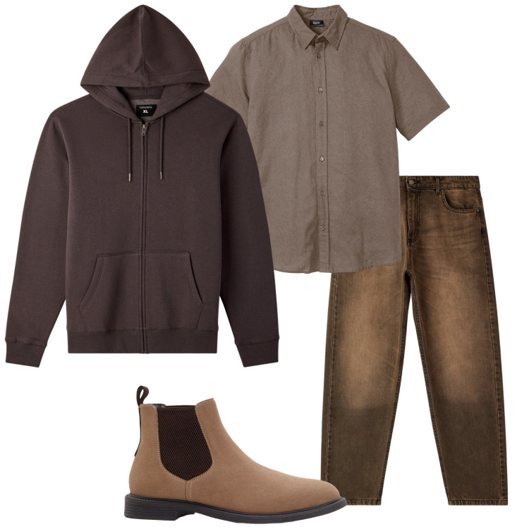 Outfit uomo - Mocha mousse. Stile Casual per Tutti i giorni. Abbinamento con camicie a manica corta, stivali e stivaletti, jeans, felpe con cappuccio.