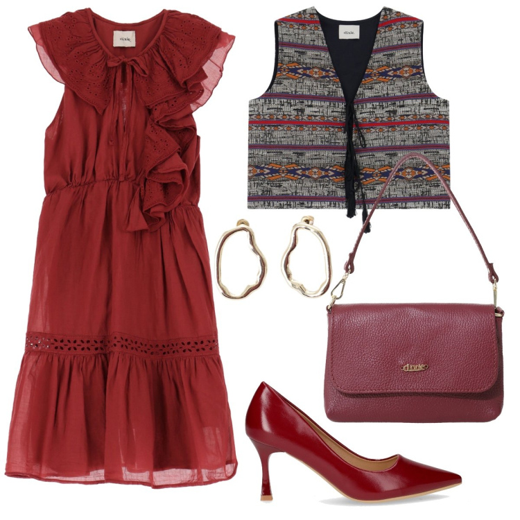 Outfit donna - Il gilet gipsy. Stile Boho per Tutti i giorni. Abbinamento con gilet, vestiti corti, orecchini, borse a tracolla, décolleté.