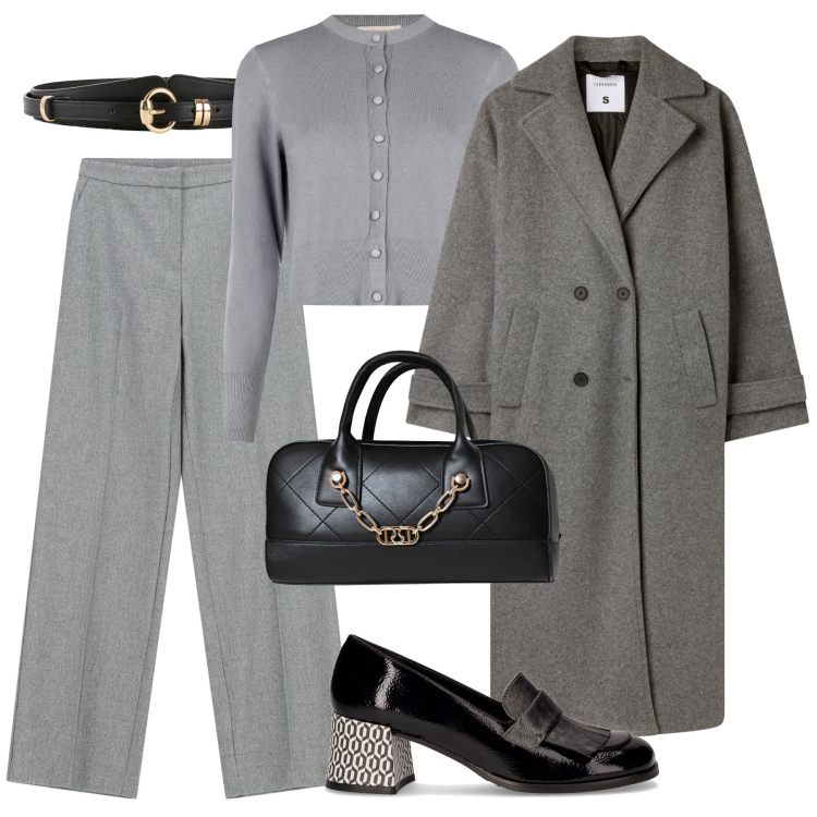 Outfit donna - Tonalità di grigio H24. Stile Glamour per Tutti i giorni. Abbinamento con cinture, cappotti, borse a mano, cardigans, pantaloni a palazzo, mocassini.