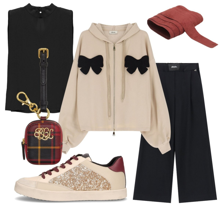 Outfit donna - Un outfit coi fiocchi. Stile Casual chic per Tutti i giorni. Abbinamento con cinture, felpe con cappuccio, top, pantaloni a palazzo, pochette, sneakers.