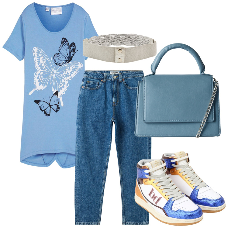 Outfit donna - In jeans. Stile Basic per Tutti i giorni. Abbinamento con maglieria, jeans mom, cinture, borse a tracolla, sneakers alte.