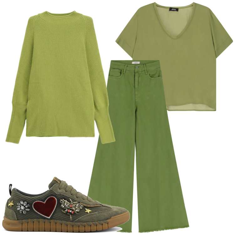 Outfit donna - Toni del verde. Stile Casual per Tutti i giorni. Abbinamento con t-shirt, maglieria, pantaloni, sneakers.