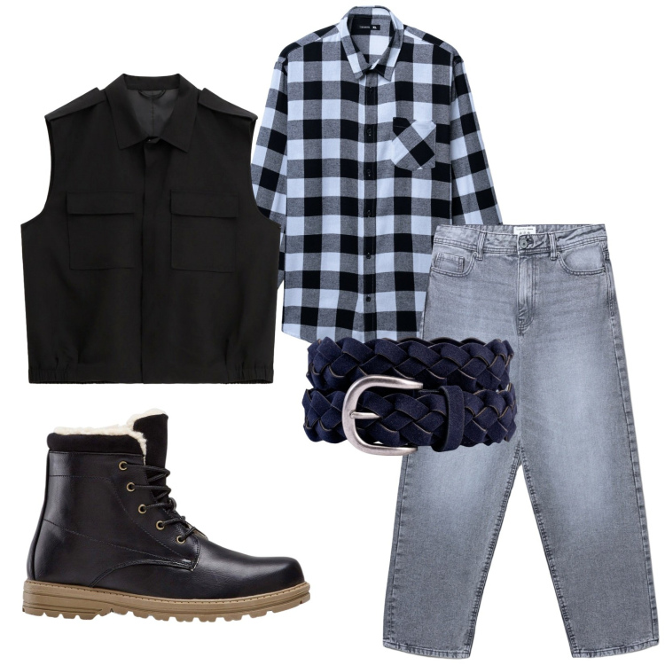 Outfit uomo - Total look #2247335. Stile Trendy per Tutti i giorni. Abbinamento con stivali e stivaletti, jeans, camicie, gilet, cinture.