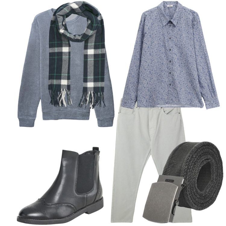 Outfit uomo - Total look #2247340. Stile Business/Elegante per Ufficio. Abbinamento con stivali e stivaletti, pantaloni, cinture, maglieria, sciarpe, camicie.