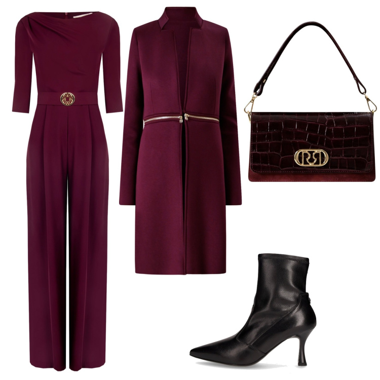 Outfit donna - Bordeaux mood. Stile Chic per Cerimonia. Abbinamento con tute, cappotti, borse a mano, stivaletti.