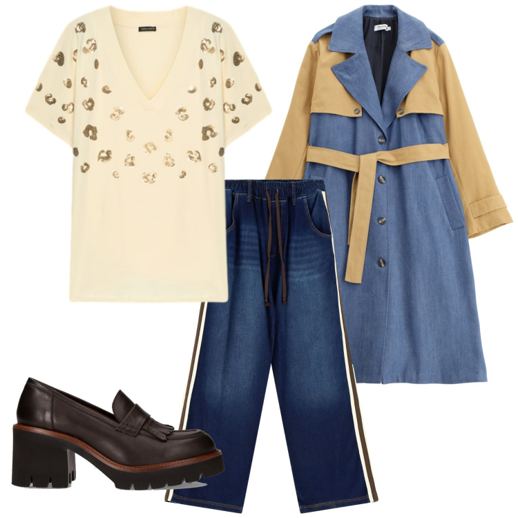 Outfit donna - Total look #2247343. Stile Trendy per Tutti i giorni. Abbinamento con trench, jeans, t-shirt, décolleté.