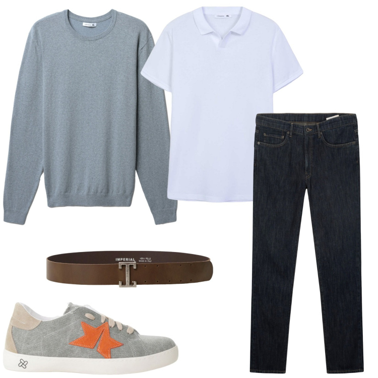 Outfit uomo - Maglioncino sopra la polo. Stile Casual per Tutti i giorni. Abbinamento con polo, maglieria, sneakers, cinture, jeans.