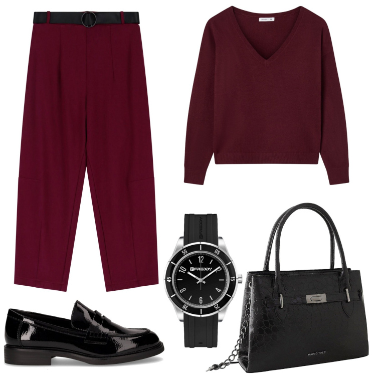 Outfit donna - Bordeaux Mood. Stile Mannish per Ufficio. Abbinamento con borse a mano, maglieria, pantaloni, orologi, mocassini.