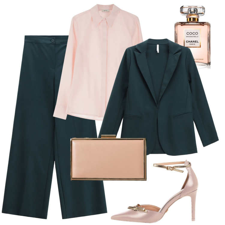 Outfit donna - Completo verde foresta. Stile Chic per Serata fuori. Abbinamento con profumi, décolleté, pochette, blazer, pantaloni a palazzo, camicie.
