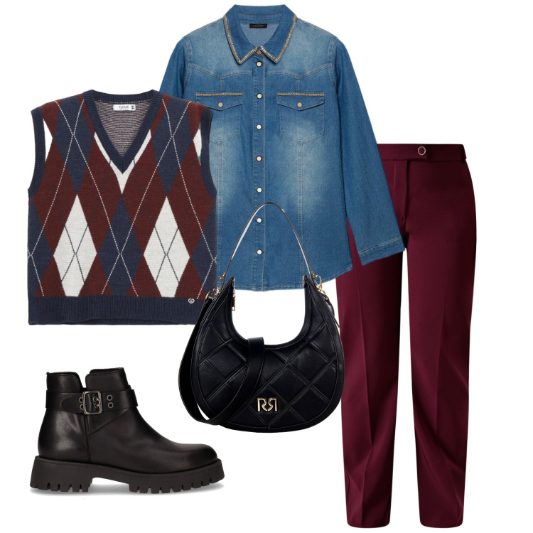 Outfit donna - Total look #2247357. Stile Trendy per Tutti i giorni. Abbinamento con borse a tracolla, pantaloni, gilet, camicie, stivaletti chelsea.