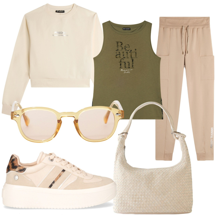 Outfit donna - Sportiva in città. Stile Sporty chic per Tutti i giorni. Abbinamento con shopping bag, occhiali da sole, pantaloni, felpe, canottiere, sneakers.