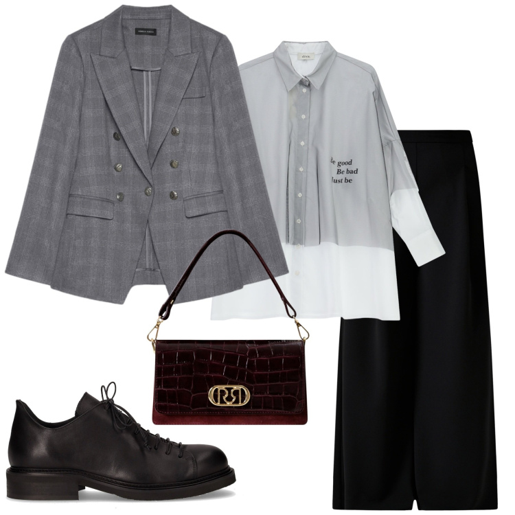Outfit donna - Total look #2247359. Stile Minimal per Ufficio. Abbinamento con pantaloni a palazzo, borse a mano, camicie, blazer, scarpe stringate.