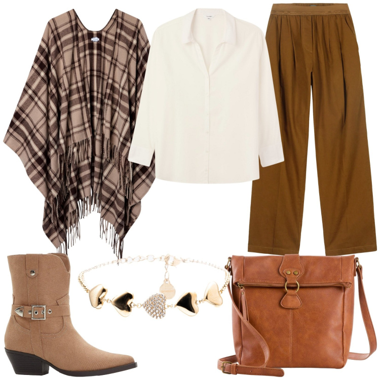 Outfit donna - Ritorno del tartan. Stile Boho per Tutti i giorni. Abbinamento con borse a tracolla, stivaletti texani, cappotti, bluse, braccialetti, pantaloni.