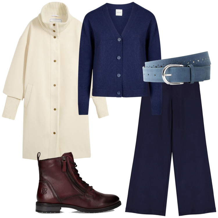 Outfit donna - Total look #2247362. Stile Minimal per Tutti i giorni. Abbinamento con cinture, cappotti, pantaloni a palazzo, cardigans, stivaletti.