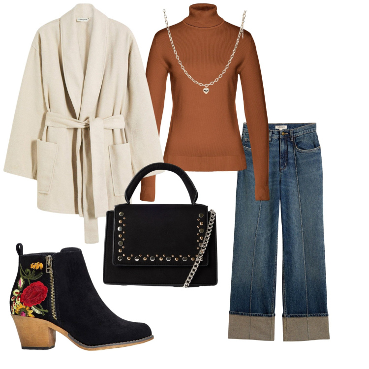 Outfit donna - Total look #2247364. Stile Etnico per Tutti i giorni. Abbinamento con stivaletti, maglieria, jeans dritti, blazer, collane, borse a tracolla.