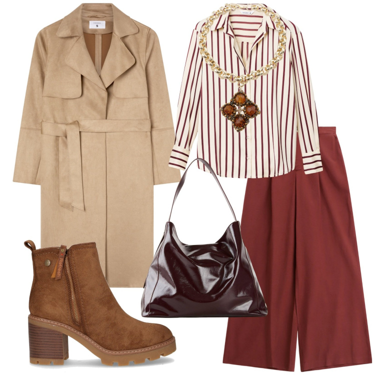 Outfit donna - Total look #2247365. Stile Casual chic per Ufficio. Abbinamento con shopping bag, camicie, trench, collane, pantaloni, stivaletti.