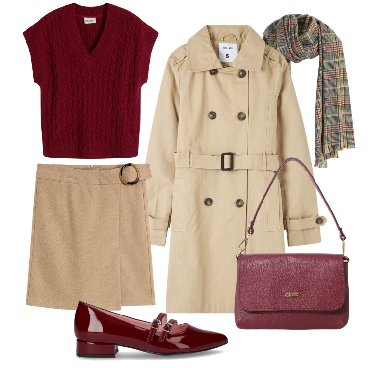 Outfit donna - Full time autunnale. Stile Preppy per Tutti i giorni. Abbinamento con maglieria, sciarpe, gonne, trench, borse a tracolla, ballerine.