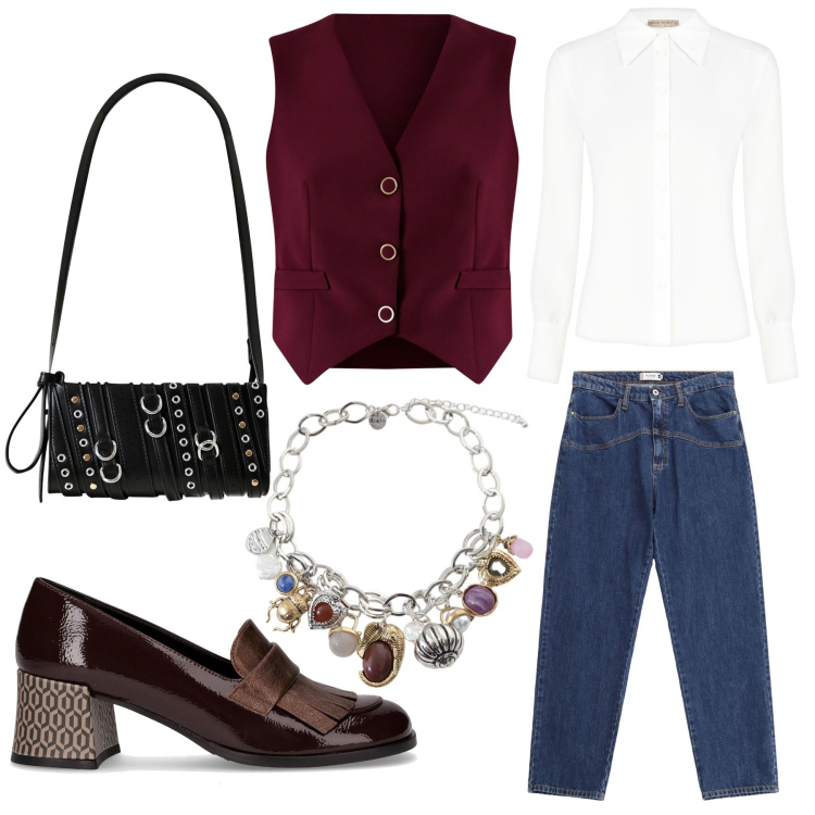 Outfit donna - Total look #2247368. Stile Casual chic per Tutti i giorni. Abbinamento con camicie, gilet, borse a spalla, jeans, braccialetti con ciondoli, mocassini.