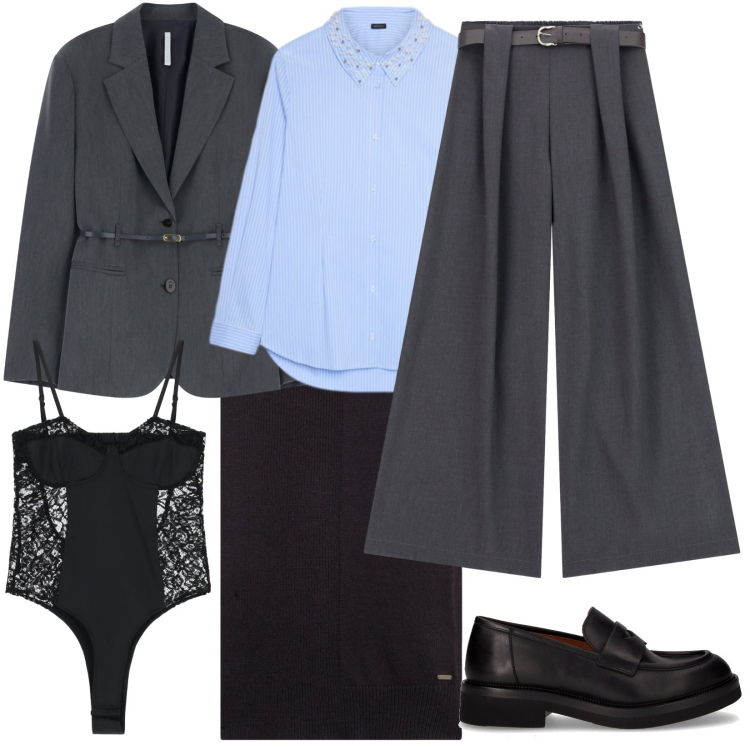 Outfit donna - Wednsday. Stile Glamour per Ufficio. Abbinamento con blazer, sciarpe, pantaloni, body, camicie, mocassini.