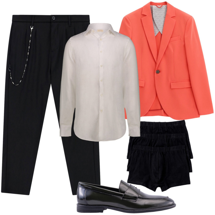 Outfit uomo - Il blazer corallo. Stile Trendy per Serata speciale. Abbinamento con boxer, giacche, pantaloni, camicie, scarpe stringate.