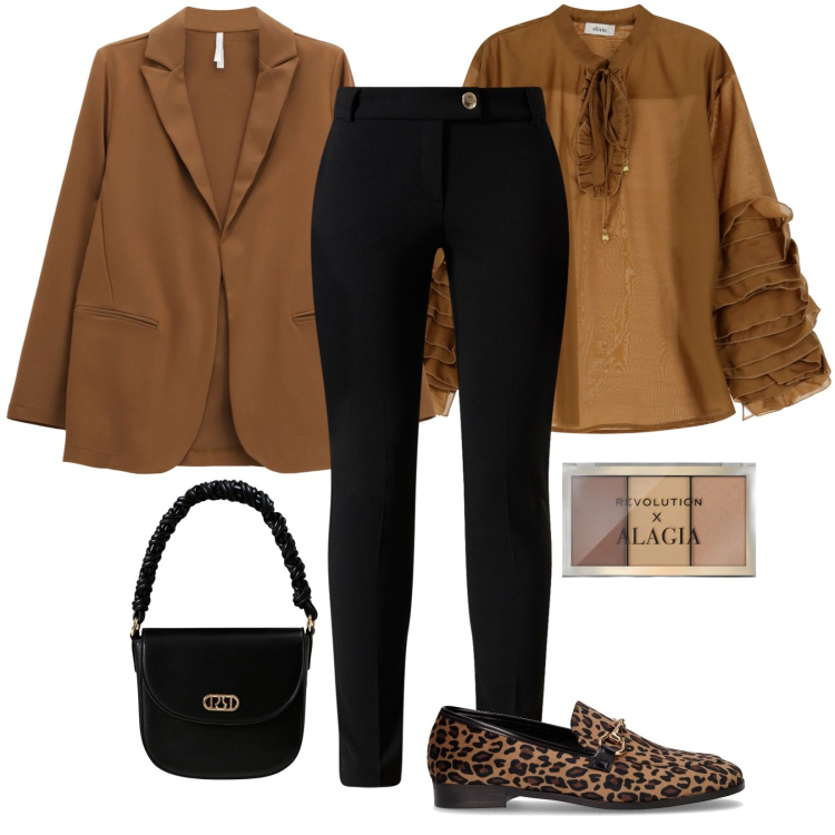 Outfit donna - Settembre look da giorno. Stile Casual per Ufficio. Abbinamento con terre, pantaloni, borse a mano, blazer, camicie, mocassini.