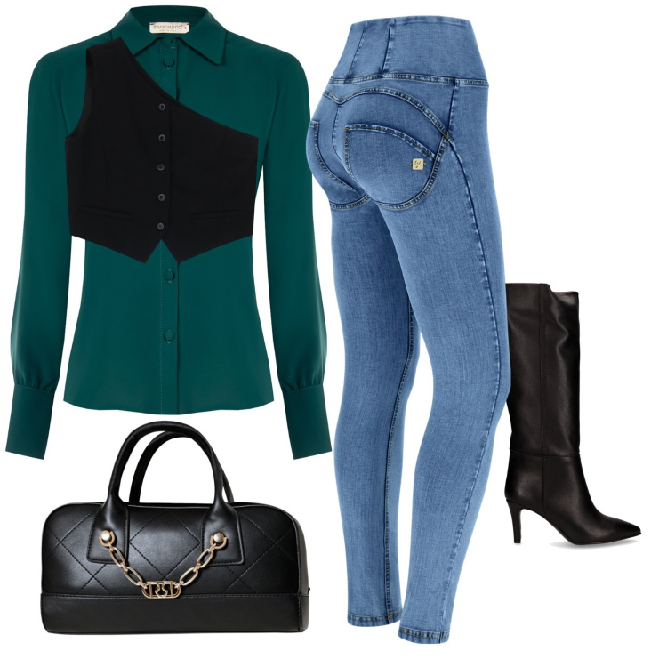 Outfit donna - Casual chic. Stile Casual chic per Tutti i giorni. Abbinamento con borse a mano, camicie, gilet, jeans skinny, stivali.