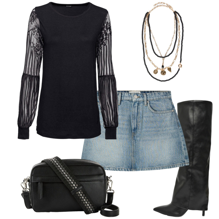 Outfit donna - Total look #2247405. Stile Rock per Serata fuori. Abbinamento con bluse, borse a tracolla, minigonne, stivali, collane.