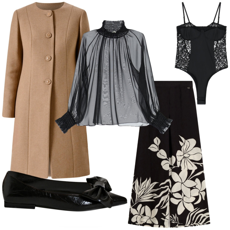 Outfit donna - Total look #2247416. Stile Chic per Serata fuori. Abbinamento con ballerine, cappotti, pantaloni a palazzo, body, camicie.