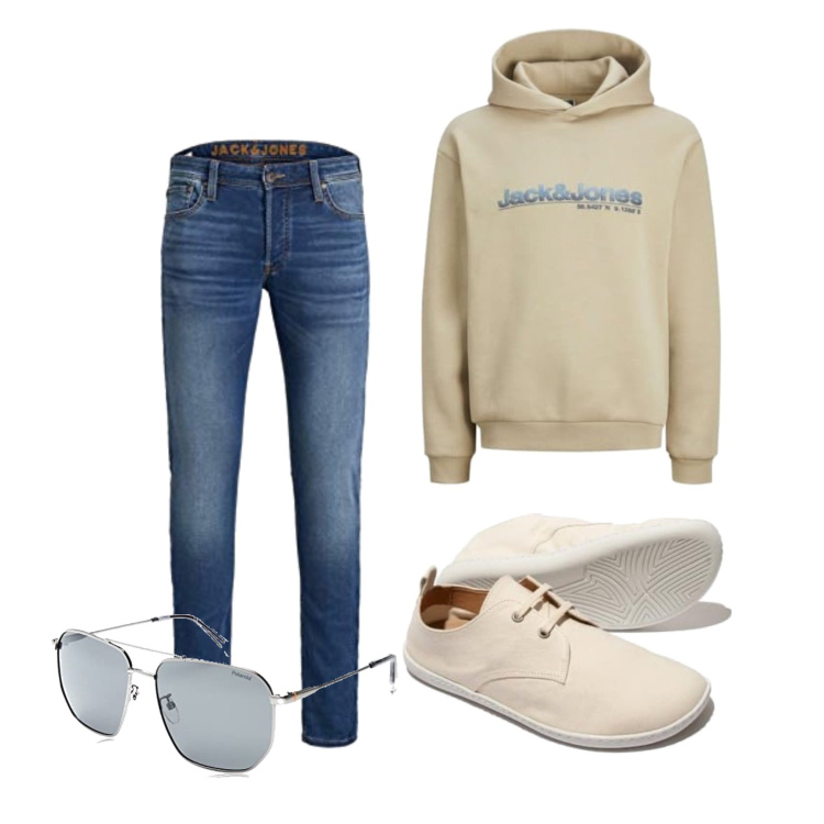 Outfit homme - Septembre. Style Tendance pour Tous les jours. Assortir avec jean slim, chaussures à lacets, sweats à capuche, lunettes de soleil.