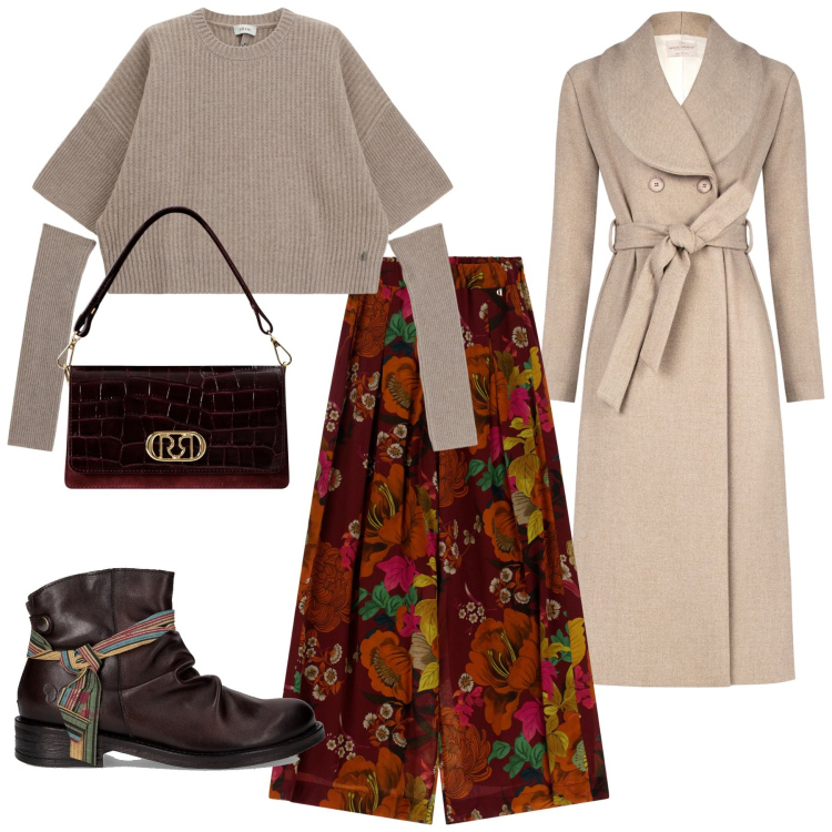 Outfit donna - Total look #2247433. Stile Glamour per Serata fuori. Abbinamento con borse a mano, cappotti, pantaloni a palazzo, maglieria, stivaletti chelsea.