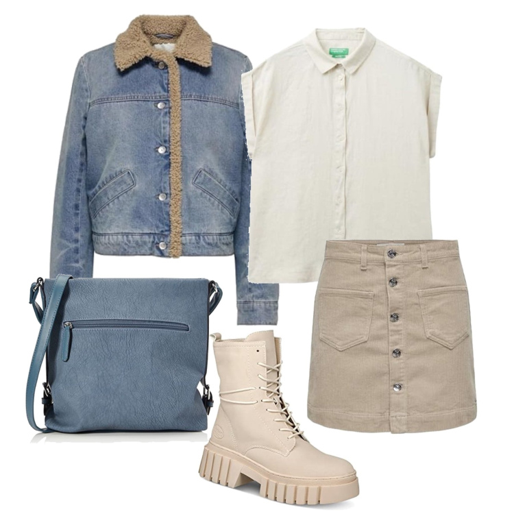 Outfit femme - Septembre. Style Casual pour Tous les jours. Assortir avec sacs en bandoulière, chemises à manches courtes, minijupes, blazers, bottines.