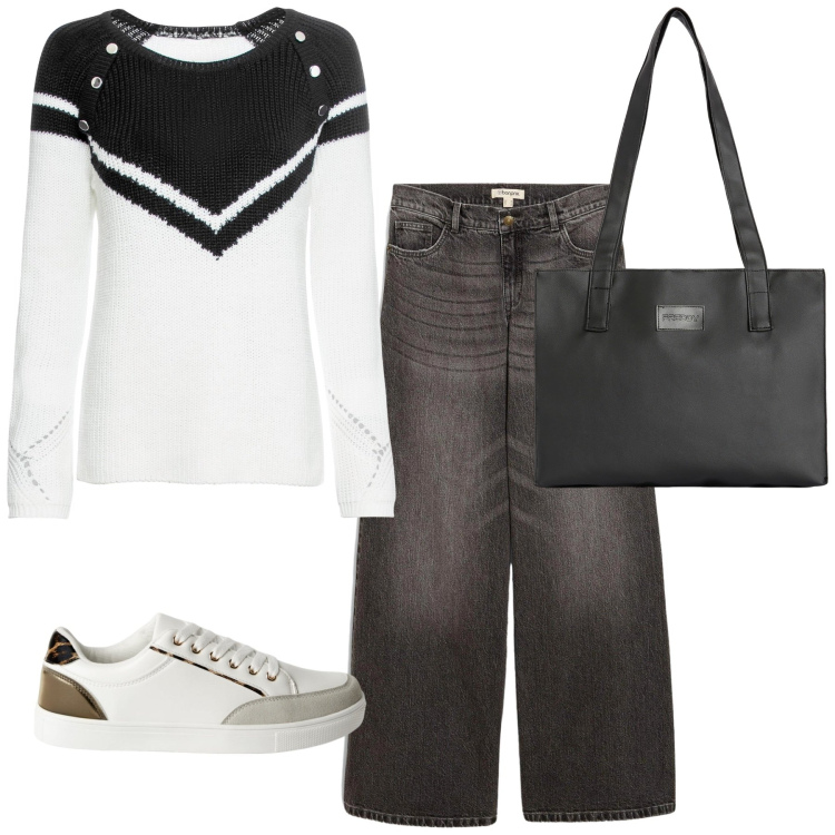 Outfit donna - Total look #2247462. Stile Basic per Scuola/Università. Abbinamento con maglieria, jeans, sneakers, shopping bag.