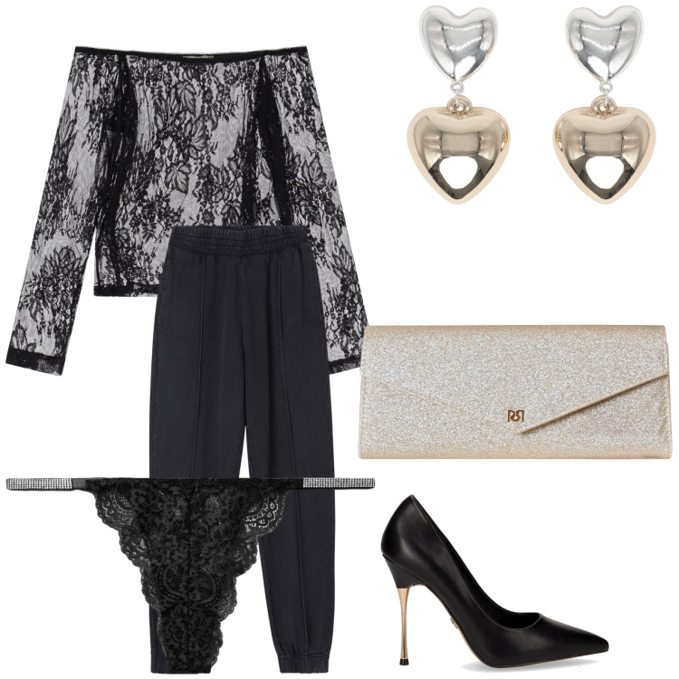 Outfit donna - Sexy ma romanticamente. Stile Glamour per Serata fuori. Abbinamento con pantaloni, orecchini, culotte, pochette, maglieria, décolleté.