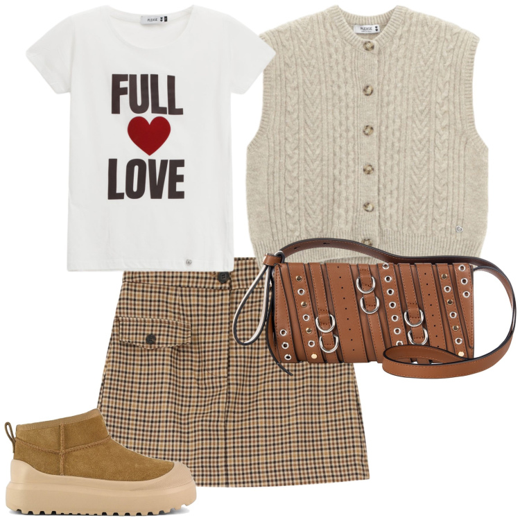 Outfit donna - Preppy Sunday morning. Stile Preppy per Tutti i giorni. Abbinamento con borse a spalla, gilet, t-shirt, gonne, stivali.