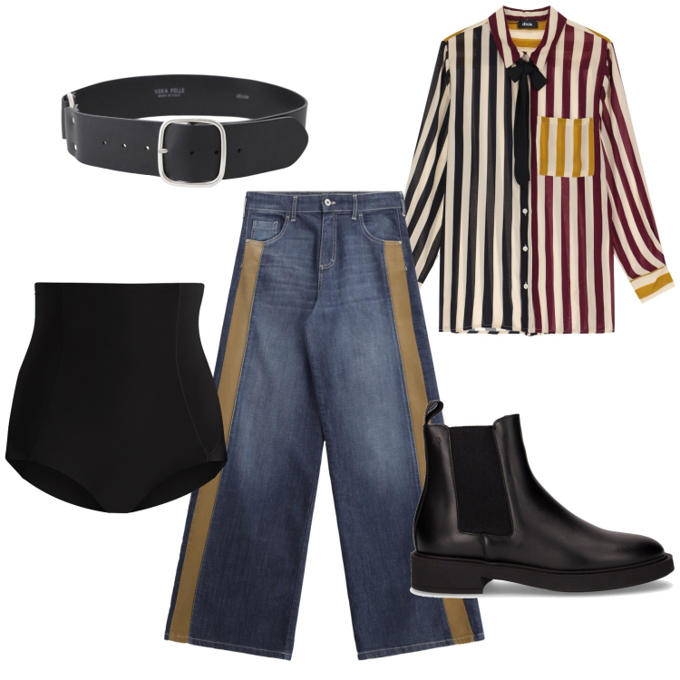 Outfit donna - A righe come lui. Stile Mannish per Ufficio. Abbinamento con culotte, jeans a zampa, camicie, cinture, stivaletti.