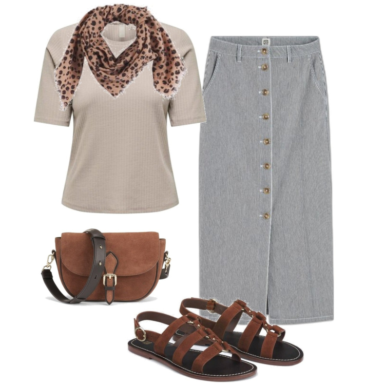 Outfit mujer - Casual #10350. Estilo Casual para Todos los días. Combinación con minifaldas, bandas para el pelo, camiseta, bandoleras, sandalias de piel.
