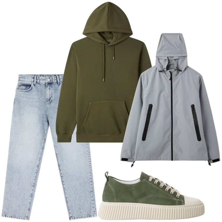 Outfit uomo - Ritorno a scuola. Stile Urban per Tutti i giorni. Abbinamento con giacche, felpe con cappuccio, sneakers, jeans dritti.